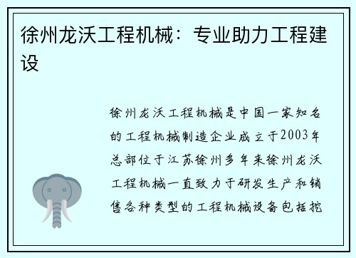 徐州龙沃工程机械：专业助力工程建设